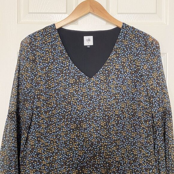 Cabi Poise Mini Shift Dress Size Medium Floral Sheer Overlay Long Bell Sleeve - Picture 2 of 10